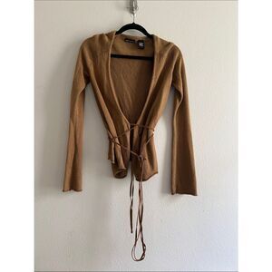 Moda International Silk Cashmere Blend Leather Tie Wrap Cardigan Y2K Brown Small